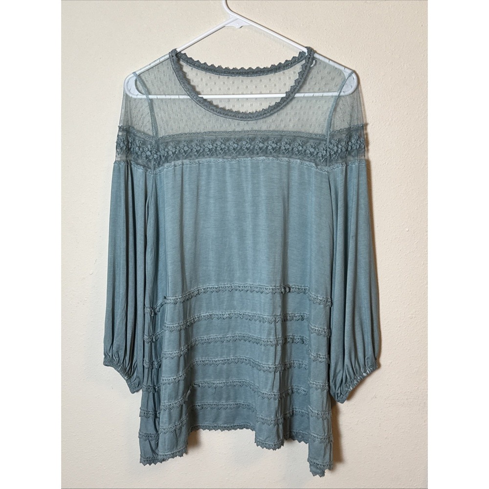 RR Apparel L/XL Turquoise Boho Lace Peasant Top Sheer Yoke 3/4 Sleeve Cotton Mix